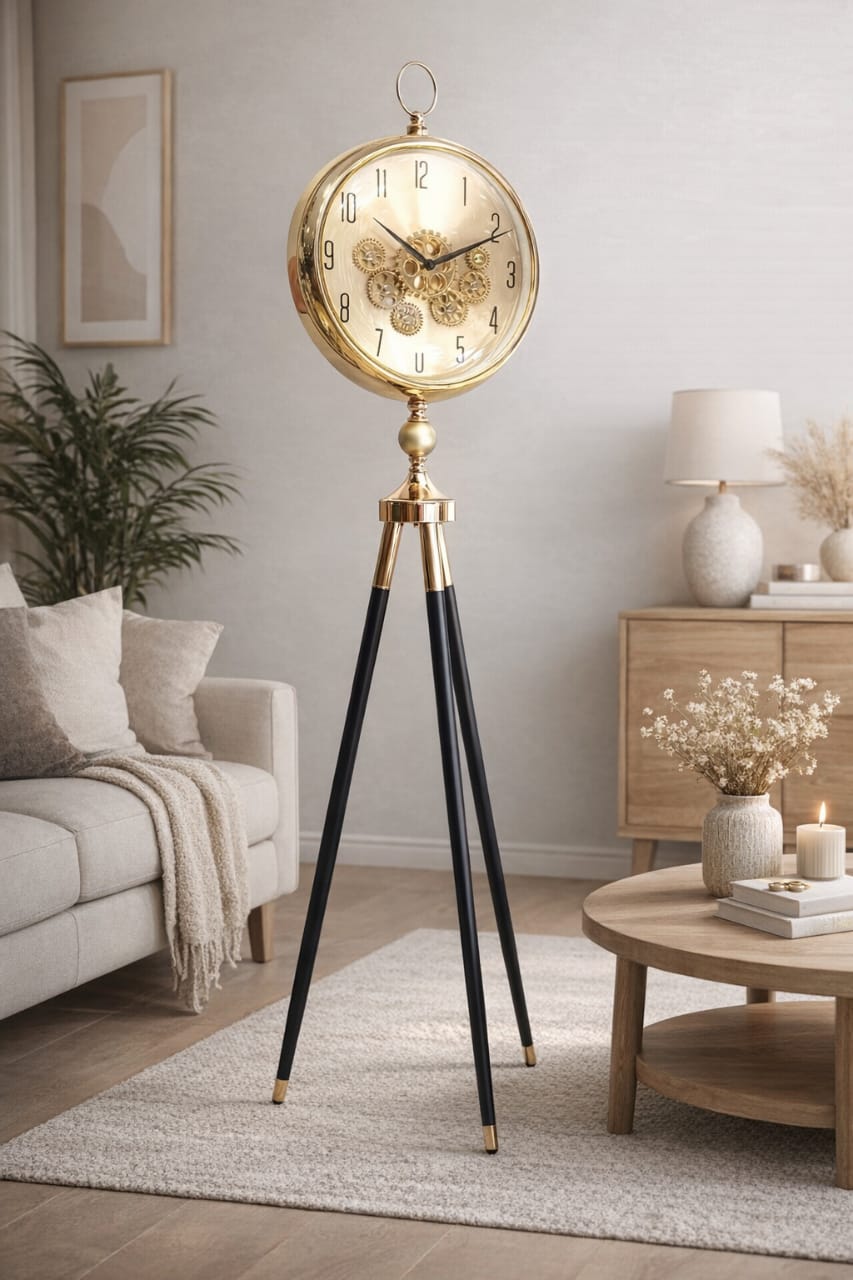 Modern Tripod Floor Clock 150 cm – Gold & Black Standing Clock – Elegant Home Decor