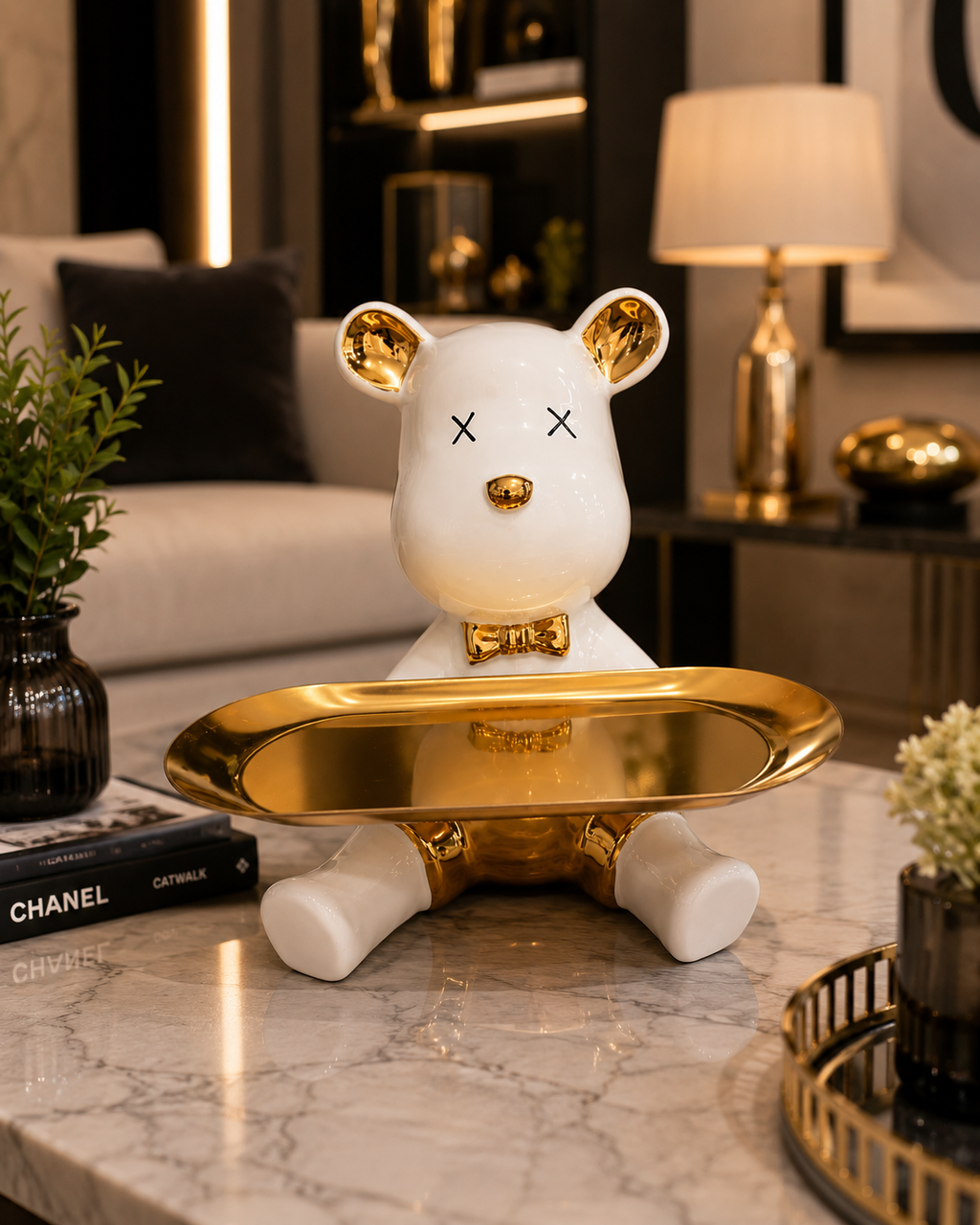 Luxury Teddy Bear Tray – White & Gold Ceramic Organizer