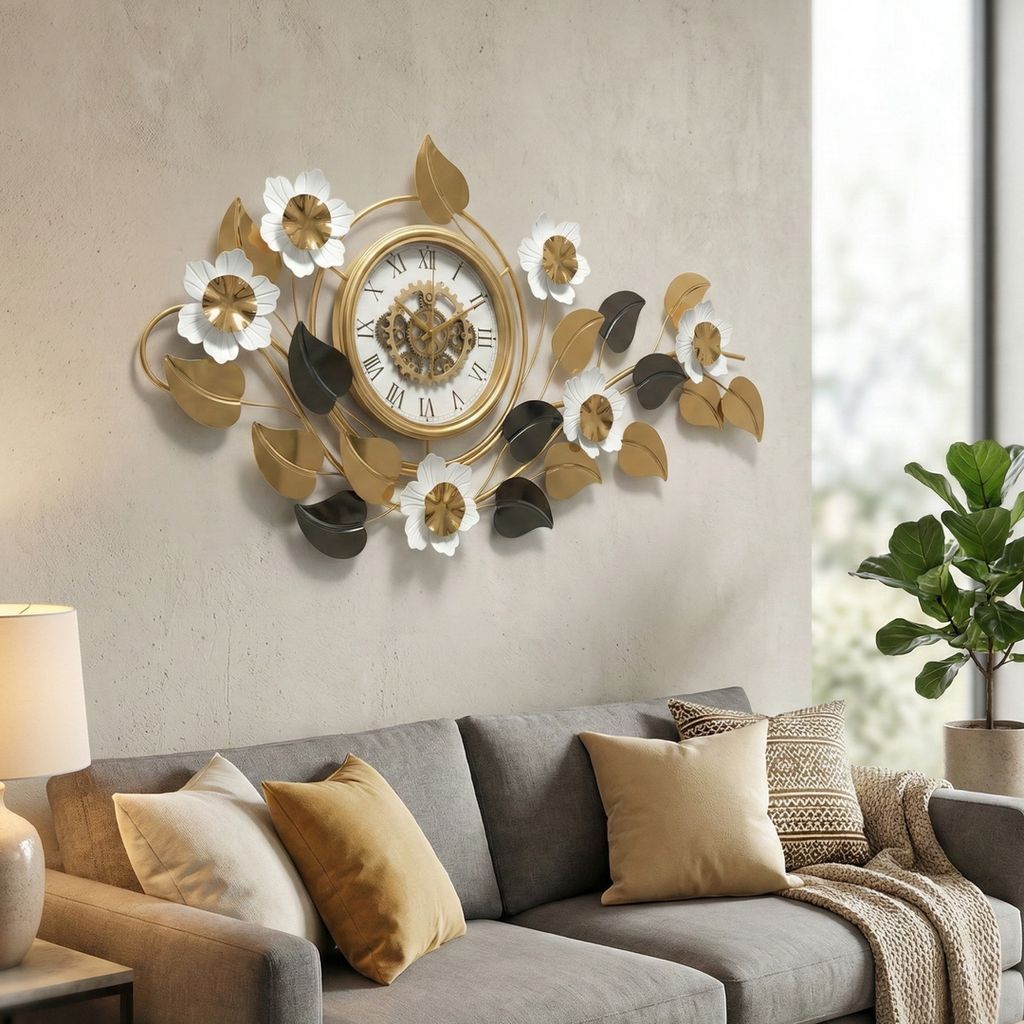 Floral Luxury Wall Clock – ساعة حائط مودرن بتصميم أوراق وزهور