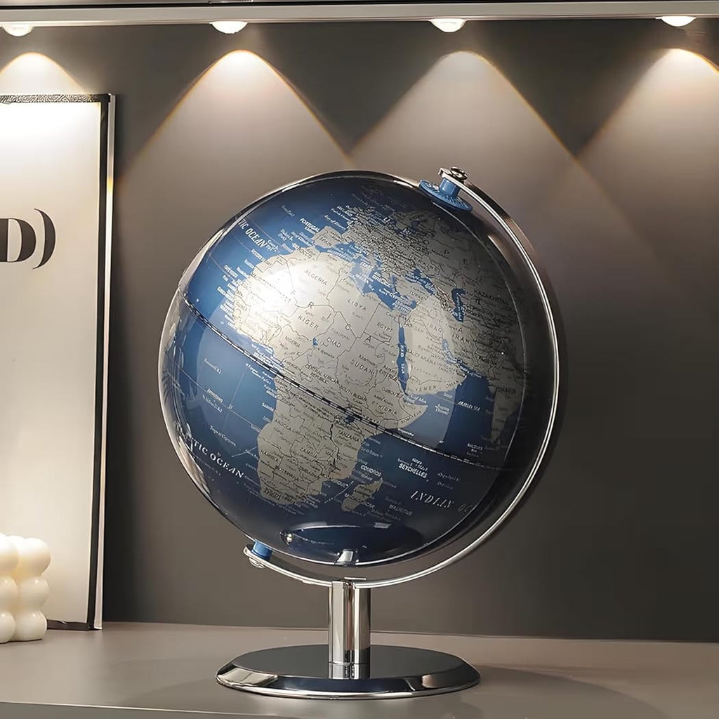 كرة أرضية ديكورية فاخرة باللون الأزرق المعدني – Globe Decor 26 سم