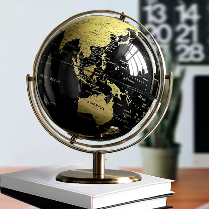 Luxury English World Globe – Black & Gold Decorative Desk Globe – 35 cm Diameter – Metal Base