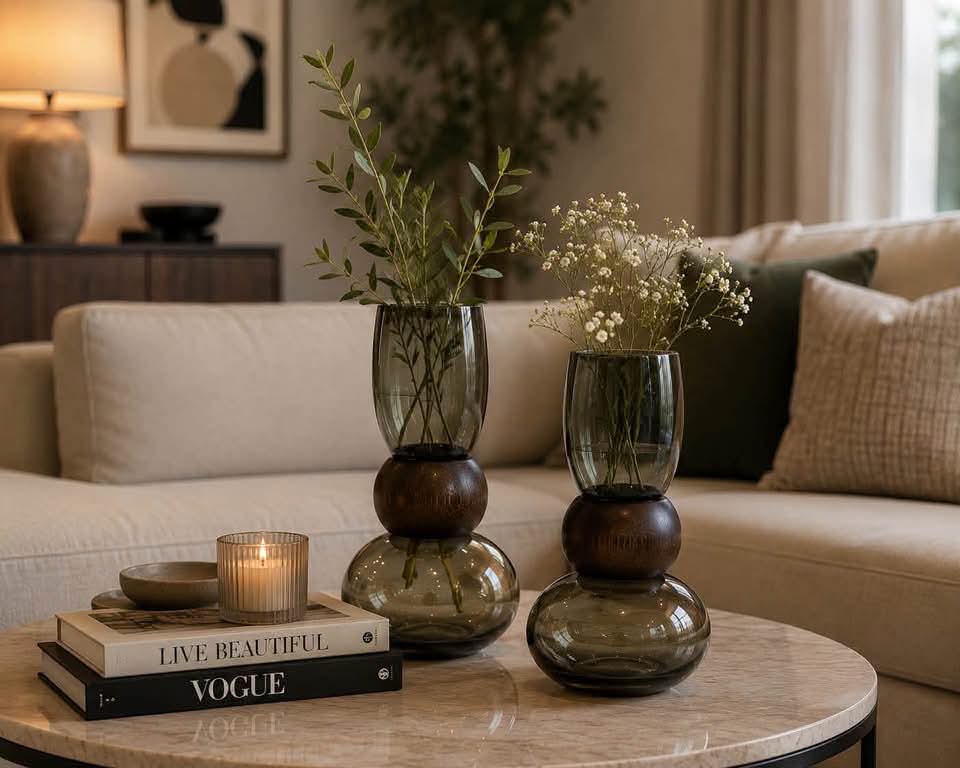 طقم مزهريات زجاجية مودرن – قطعتين بتصميم زجاج مدخن وتفصيلة خشبية