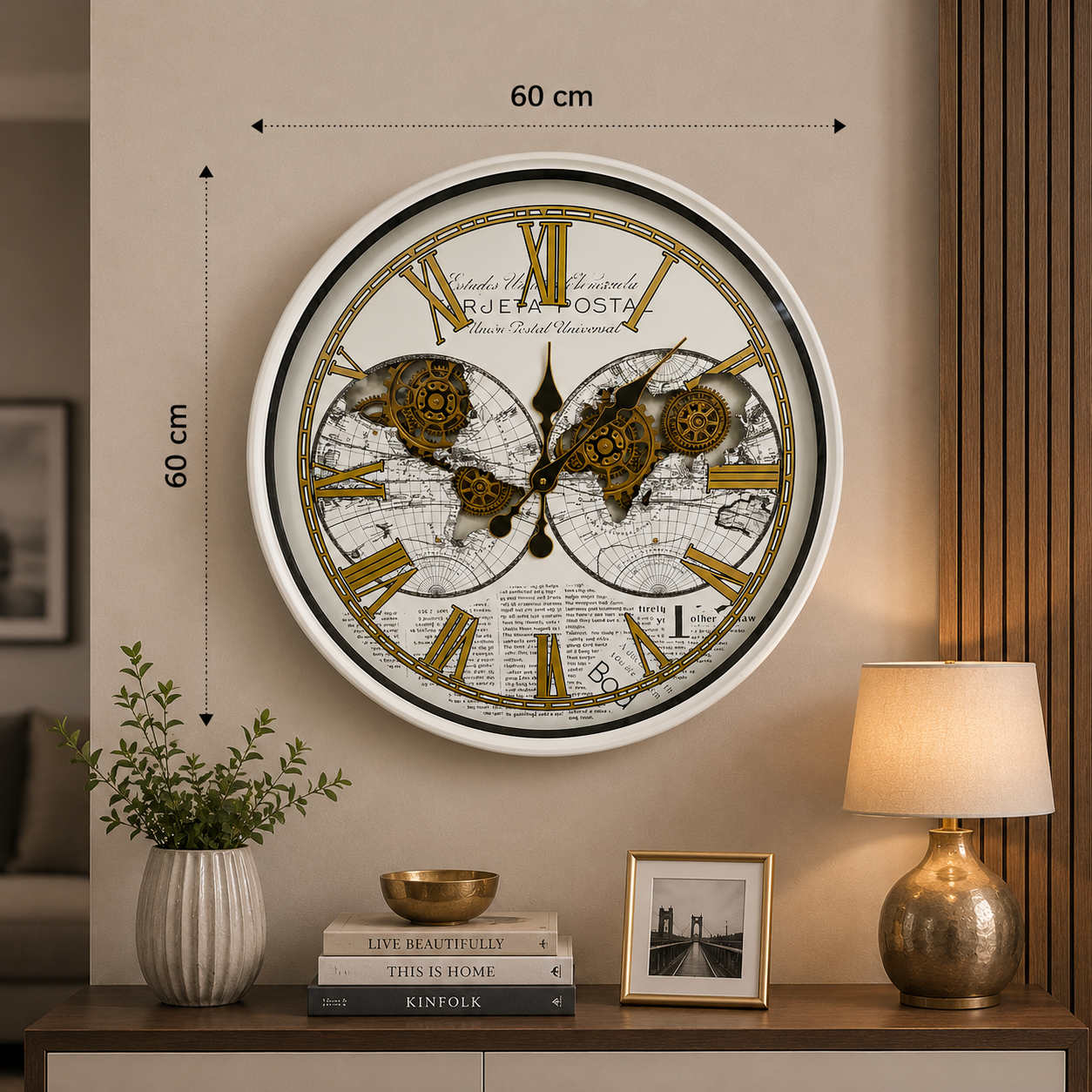 ساعة حائط ديكورية بتصميم خريطة العالم وتروس معدنية – 60 × 60 سم