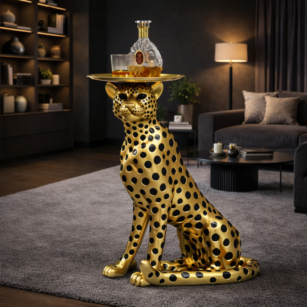 Golden Leopard Tray Table – تمثال فهد بحامل فاخر