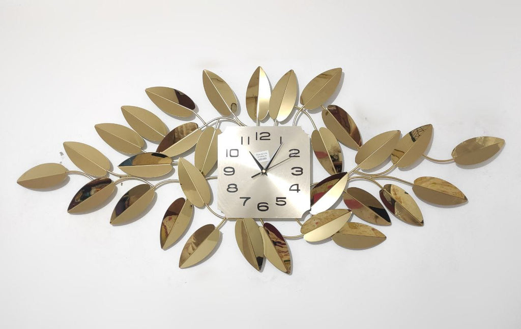 ساعة حائط مودرن بتصميم أوراق ذهبية – ديكور فاخر أنيق 120×50 سم