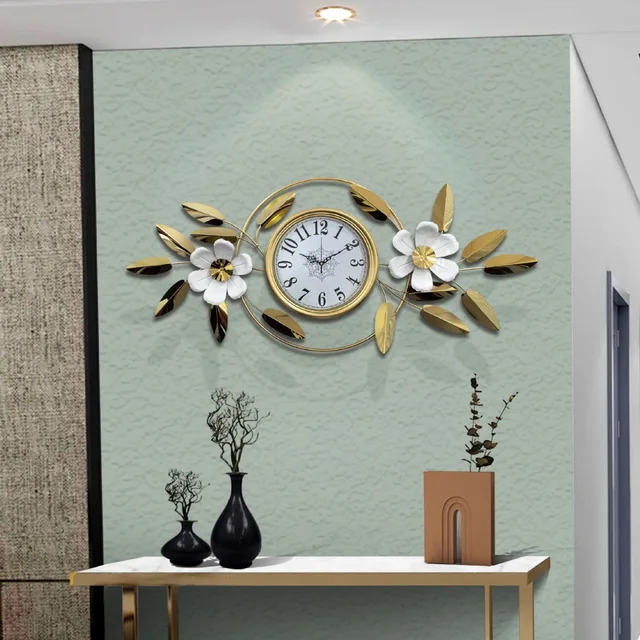Luxury Wall Clock with Golden Leaves & 3D Flowers – Size 115×45cm