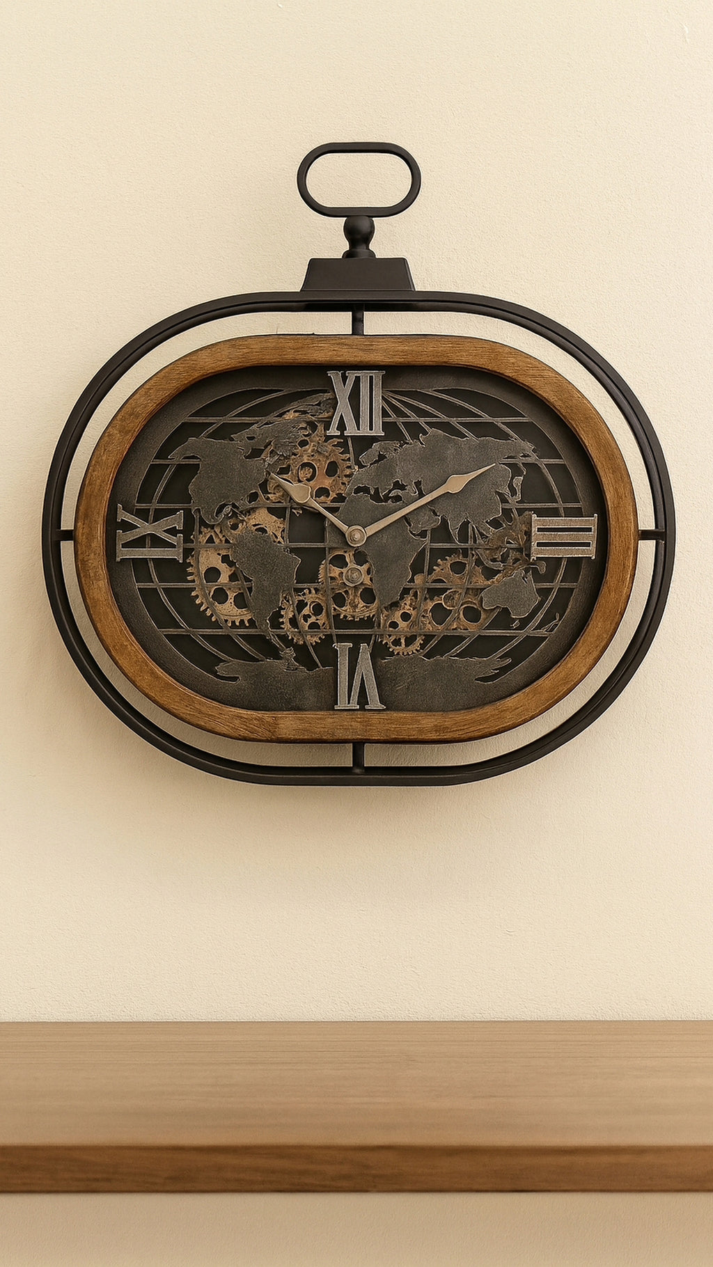 Decoratco Wall Clock Metal & Wood Oval 65x60cm Black/Gold