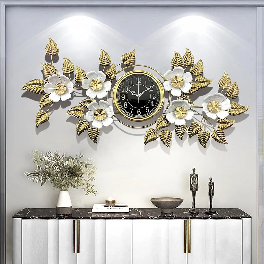 ساعة حائط بتصميم فاخر علي شكل اوراق الاشجار مقاس 55 × 115 سم مصنوعه من الاستانلس ستيل صامتة لا تصدر صوت عصرية لديكور المنزل