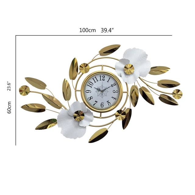 Luxury Wall Clock with Golden Leaves & 3D Flowers – Size 100×40cm