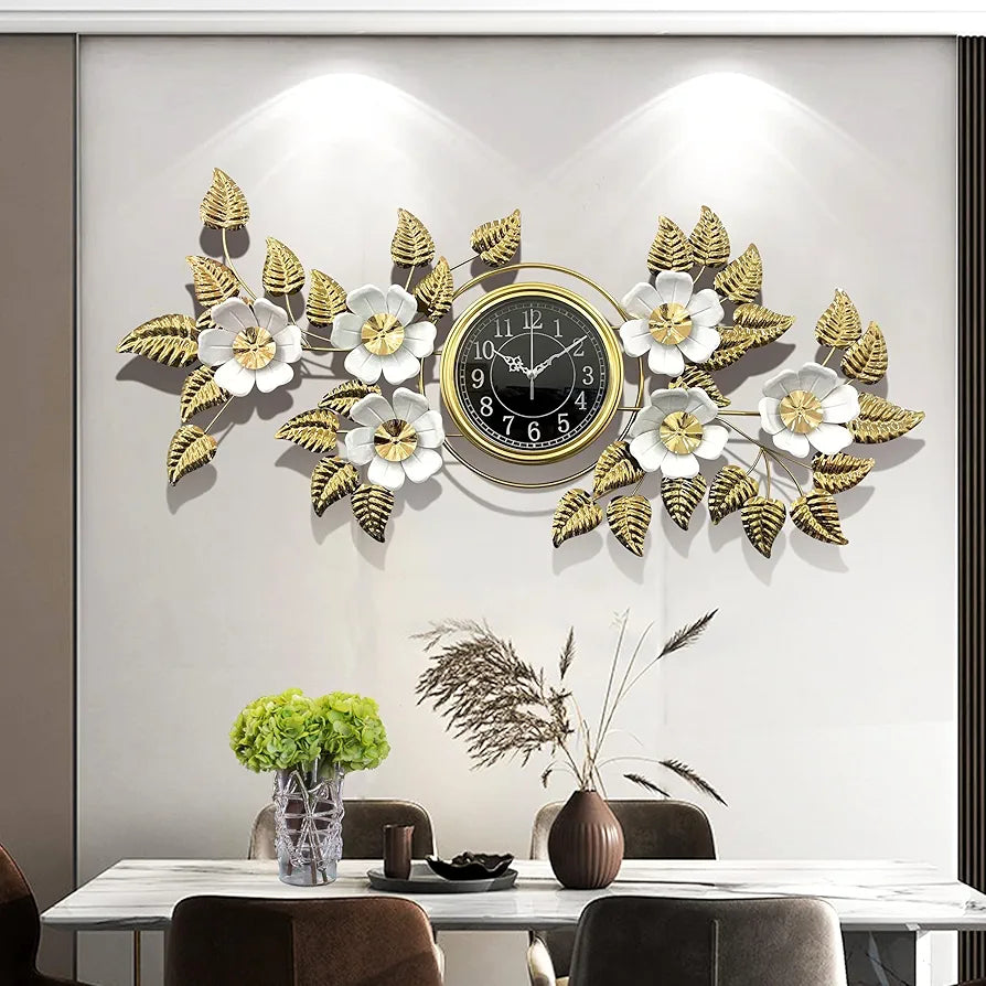 ساعة حائط بتصميم فاخر علي شكل اوراق الاشجار مقاس 55 × 115 سم مصنوعه من الاستانلس ستيل صامتة لا تصدر صوت عصرية لديكور المنزل