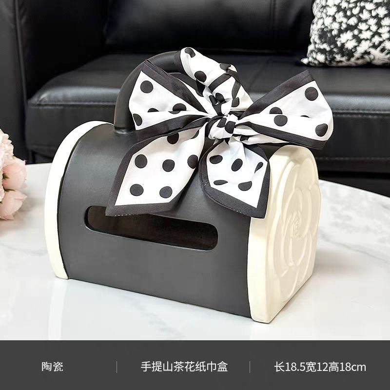 علبة مناديل سيراميك بتصميم أنيق مع فيونكة ديكور – Tissue Box Holder