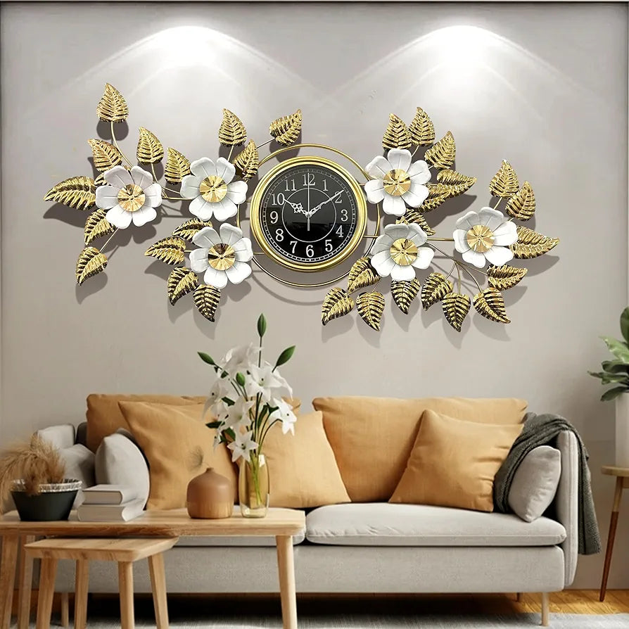 ساعة حائط بتصميم فاخر علي شكل اوراق الاشجار مقاس 55 × 115 سم مصنوعه من الاستانلس ستيل صامتة لا تصدر صوت عصرية لديكور المنزل
