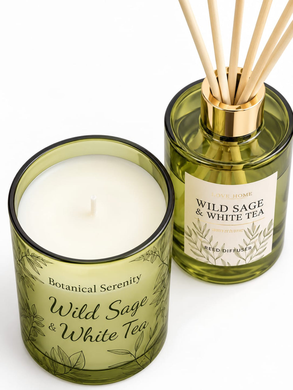 طقم هدايا فاخر شمعة ومعطر أعواد داخل قفص ديكوري أخضر زيتوني