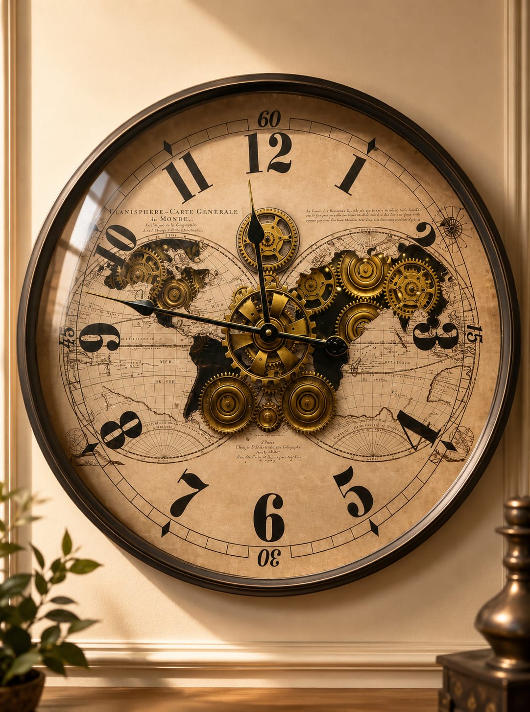 World Map Vintage Clock – ساعة حائط بتصميم خريطة العالم والتروس