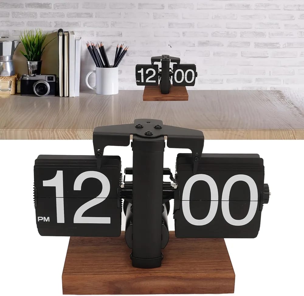 ساعة تقليب مكتبية بقاعدة خشبية فاخرة – Premium Retro Flip Clock