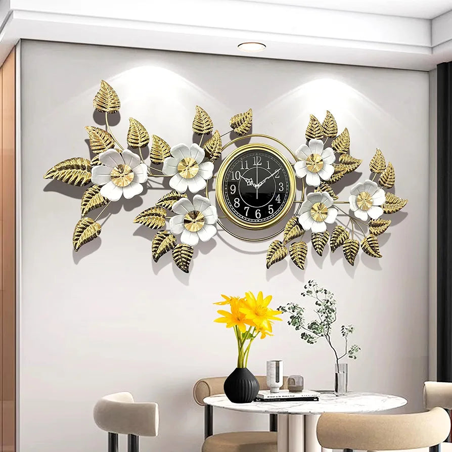 ساعة حائط بتصميم فاخر علي شكل اوراق الاشجار مقاس 55 × 115 سم مصنوعه من الاستانلس ستيل صامتة لا تصدر صوت عصرية لديكور المنزل