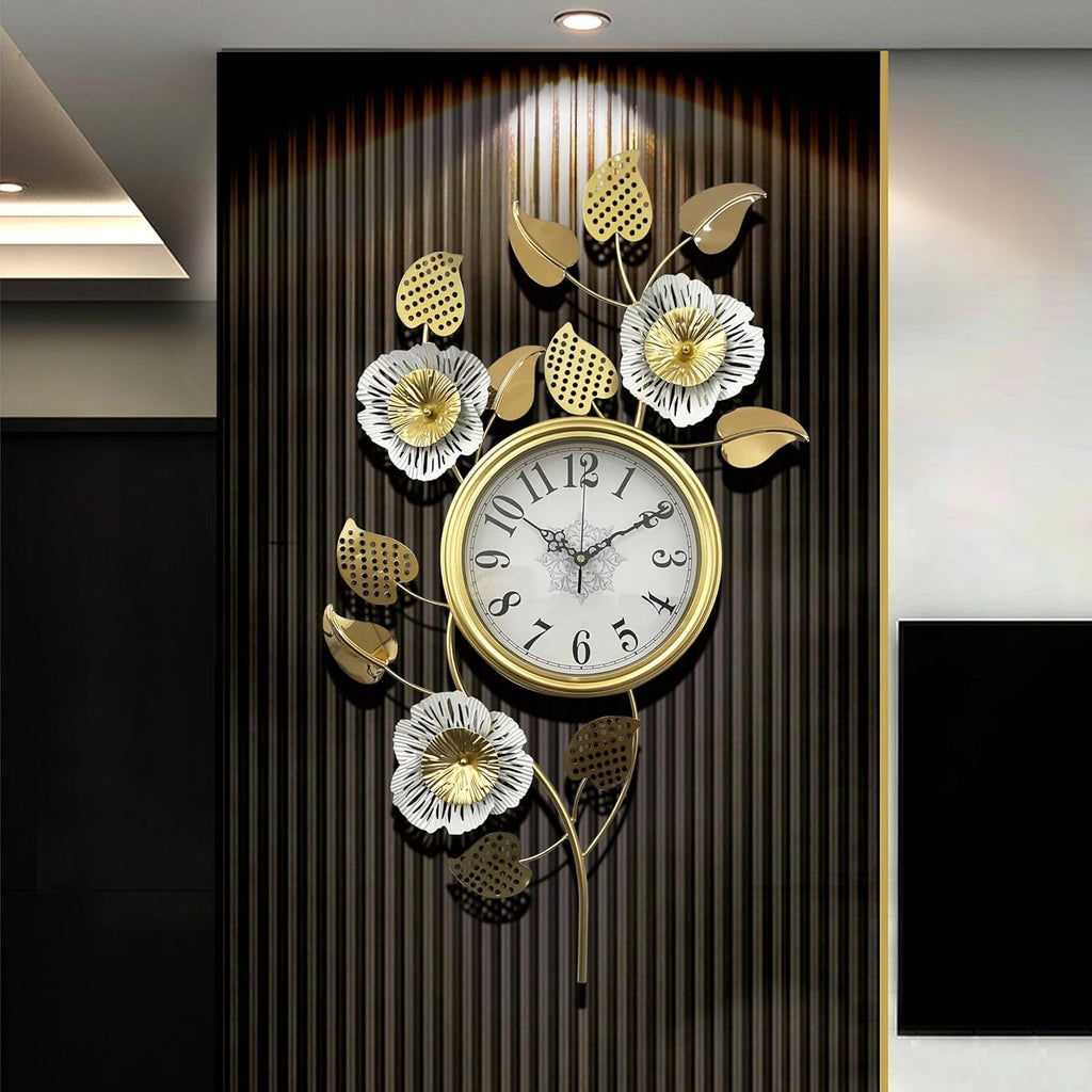 Floral Wall Clock – Gold Roses 100×50cm
