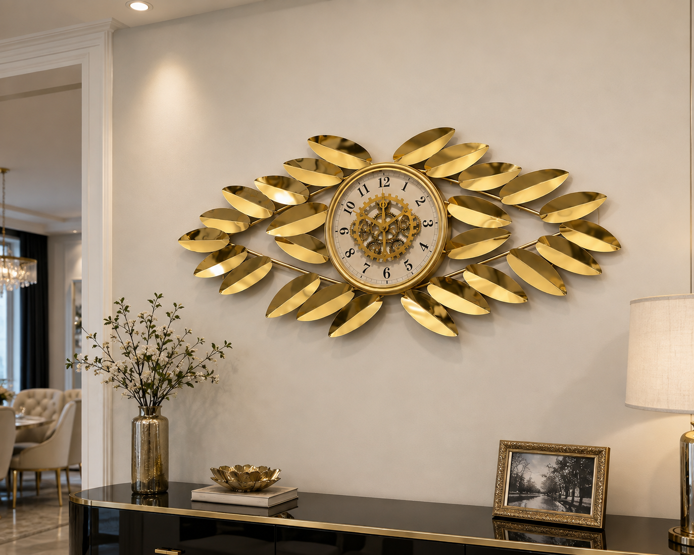 ساعة حائط معدنية فاخرة بتصميم أوراق ذهبية وتروس متحركة – 108×50 سم