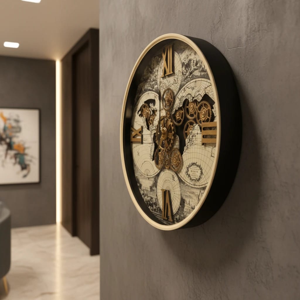 World Map Gear Clock – ساعة حائط بخريطة العالم وتروس كلاسيكية