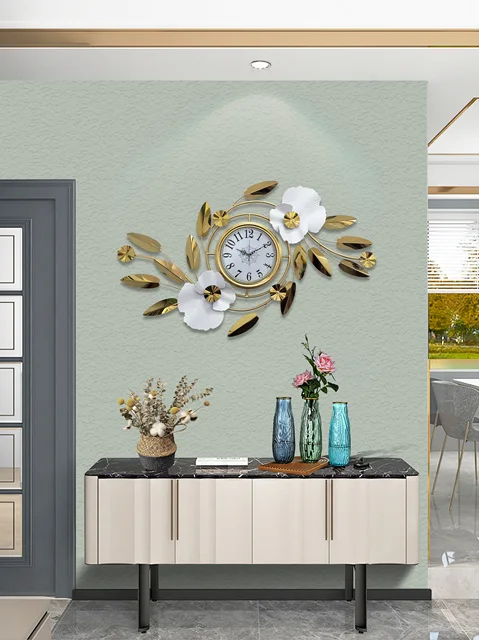 Luxury Wall Clock with Golden Leaves & 3D Flowers – Size 100×40cm