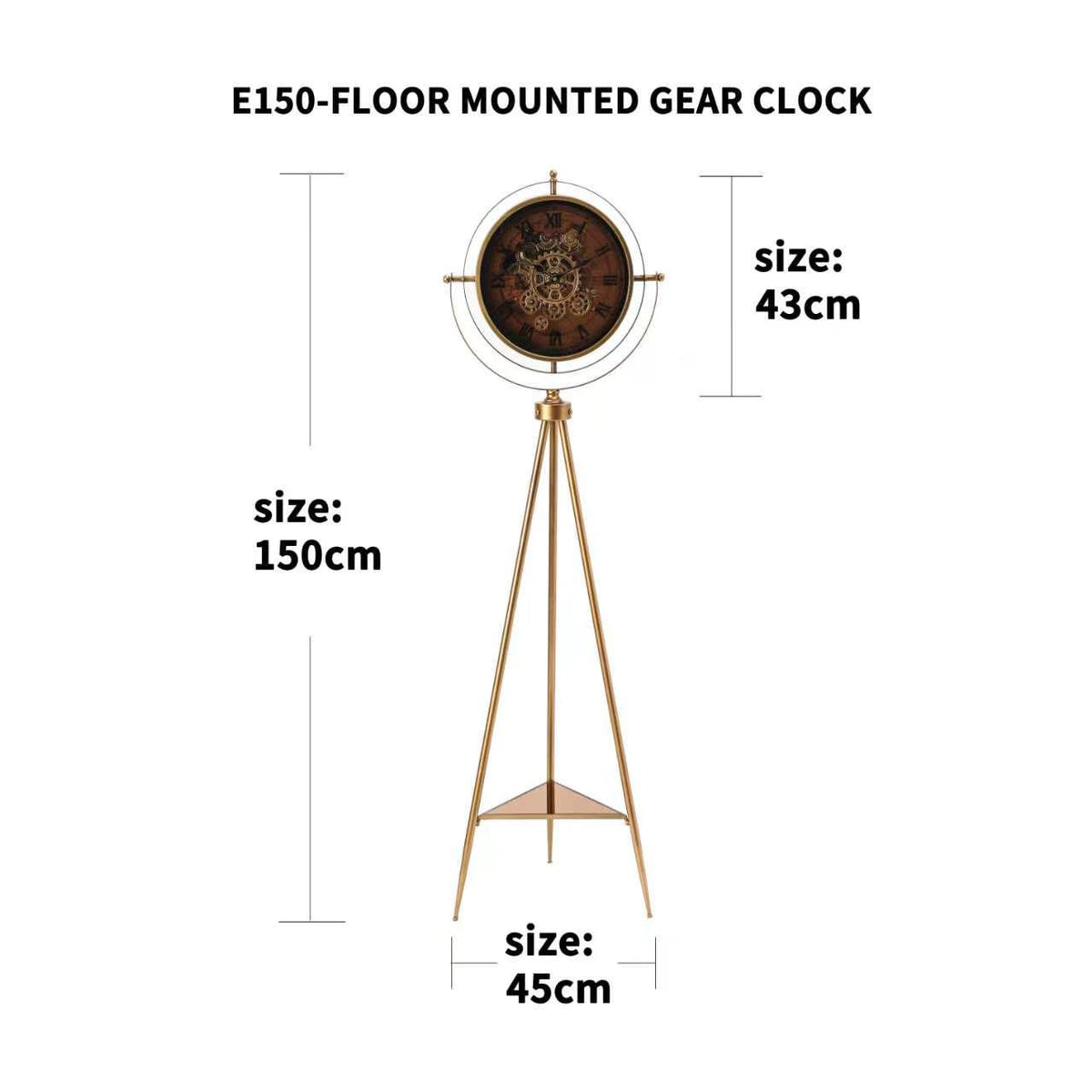 ساعة أرضية تروس بتصميم ترايبود ذهبي – Vintage Gear Floor Clock