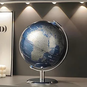 كرة أرضية ديكورية فاخرة باللون الأزرق المعدني – Globe Decor 26 سم