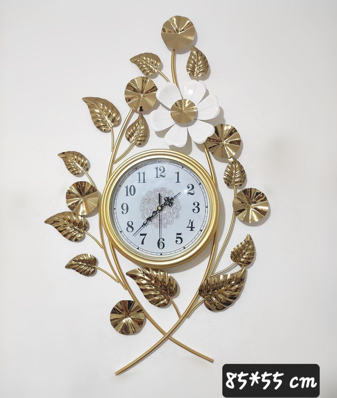 Luxury Wall Clock with Golden Leaves and White Flower – Size 85×55cm