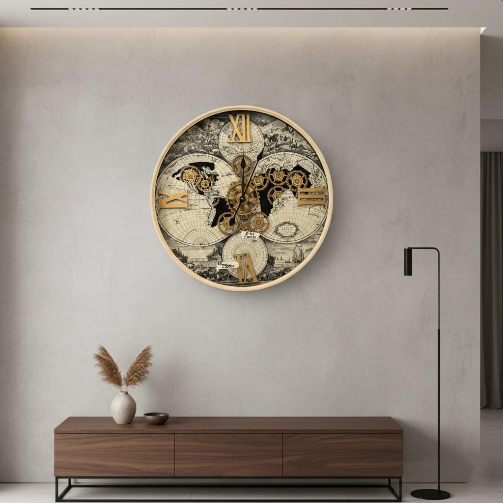 World Map Gear Clock – ساعة حائط بخريطة العالم وتروس كلاسيكية