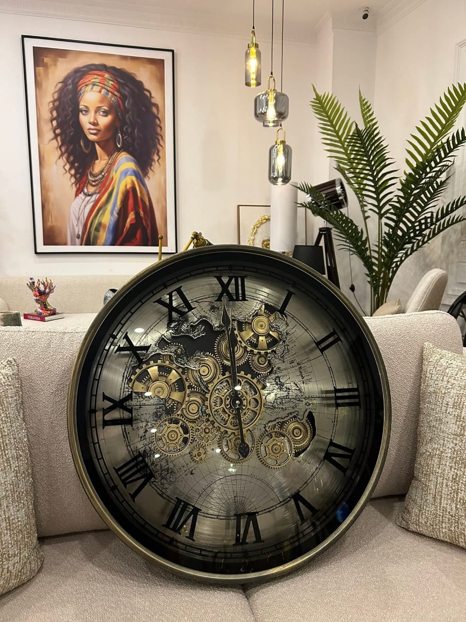 Steampunk World Map Wall Clock with Moving Gears – 60 cm Diameter