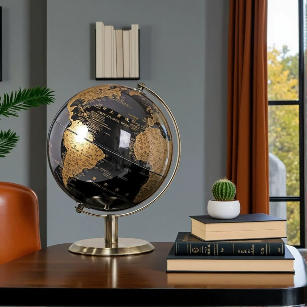 Luxury English World Globe – Black & Gold Decorative Desk Globe – 35 cm Diameter – Metal Base