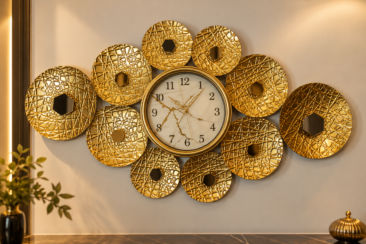 ساعة حائط أورورا الذهبية بتصميم هندسي فاخر – Aurora Gold Wall C