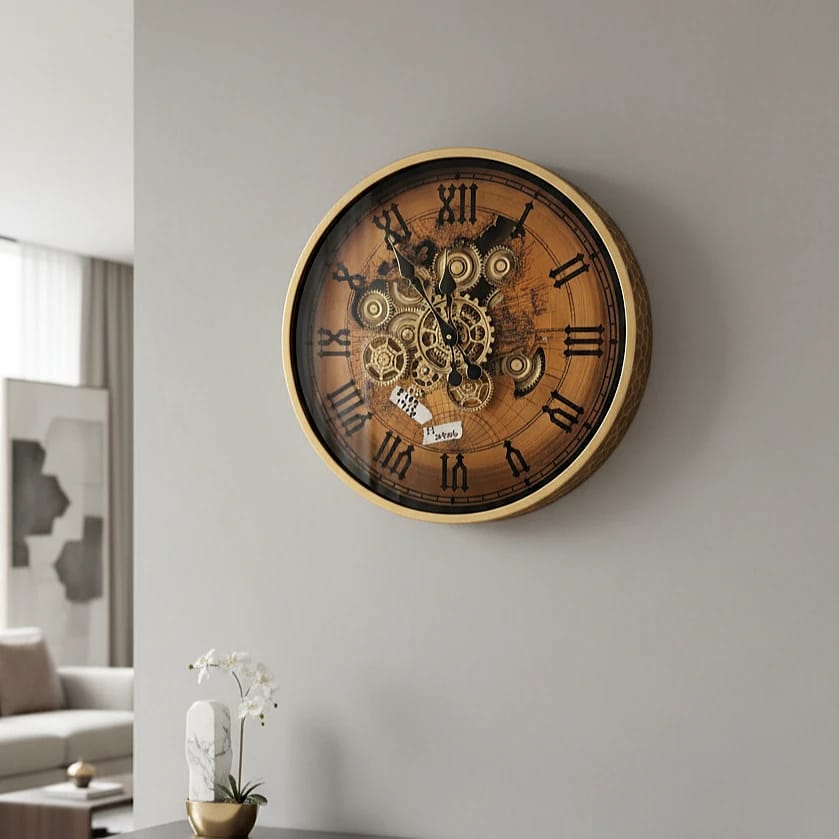 Vintage Roman Gear Clock – ساعة حائط كلاسيكية بتروس وأرقام رومانية