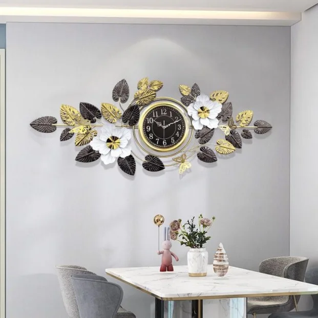 Luxury Wall Clock with Golden Leaves & 3D Flowers – Size 126×49cm