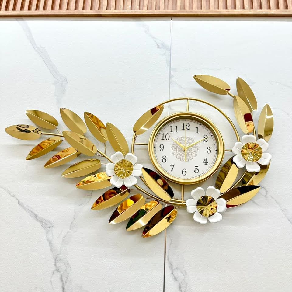 Luxury Wall Clock with Golden Leaves and White Flowers – Size 115×65cm