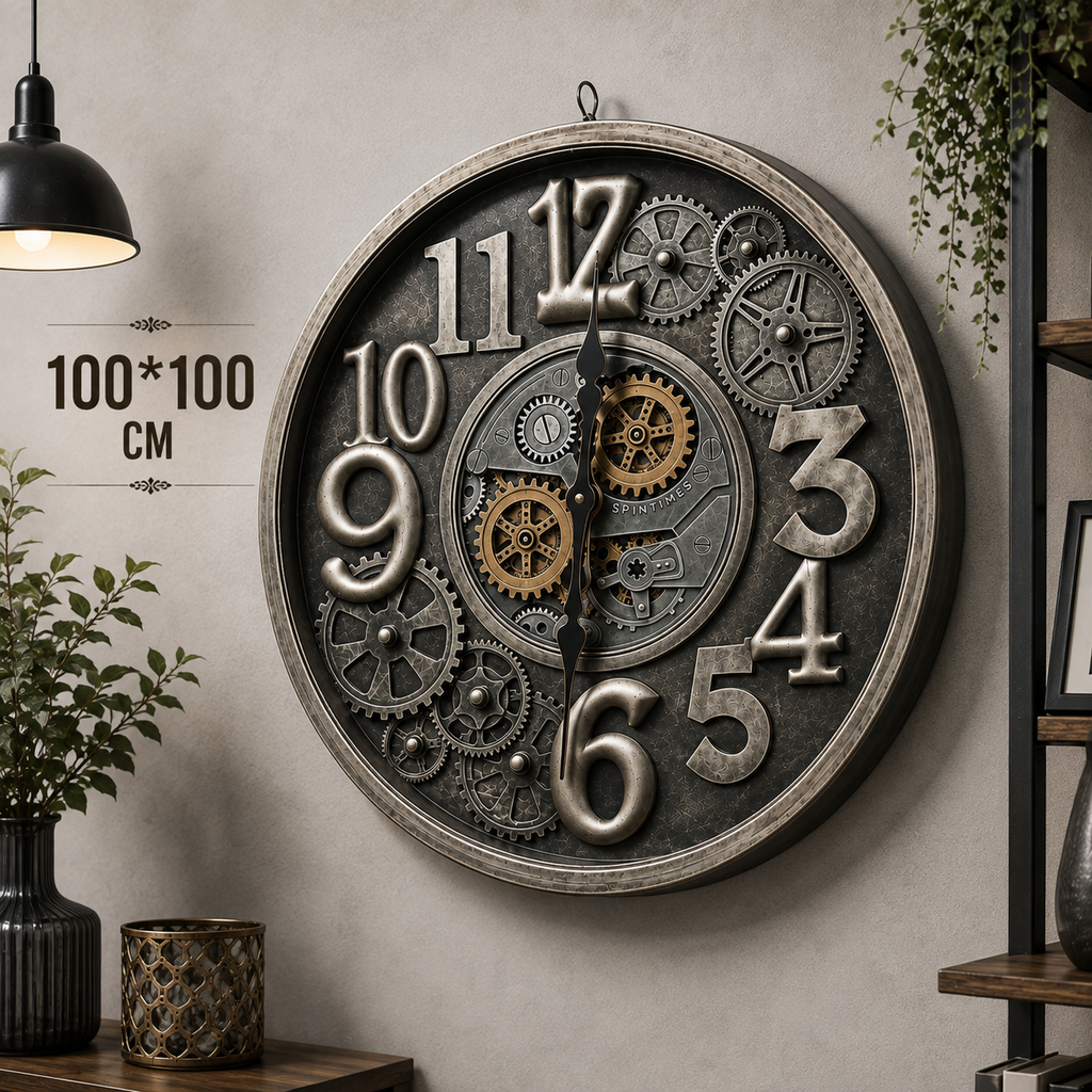 ساعة حائط معدنية فاخرة بتروس متحركة – ستايل صناعي Vintage – 100×100 سم