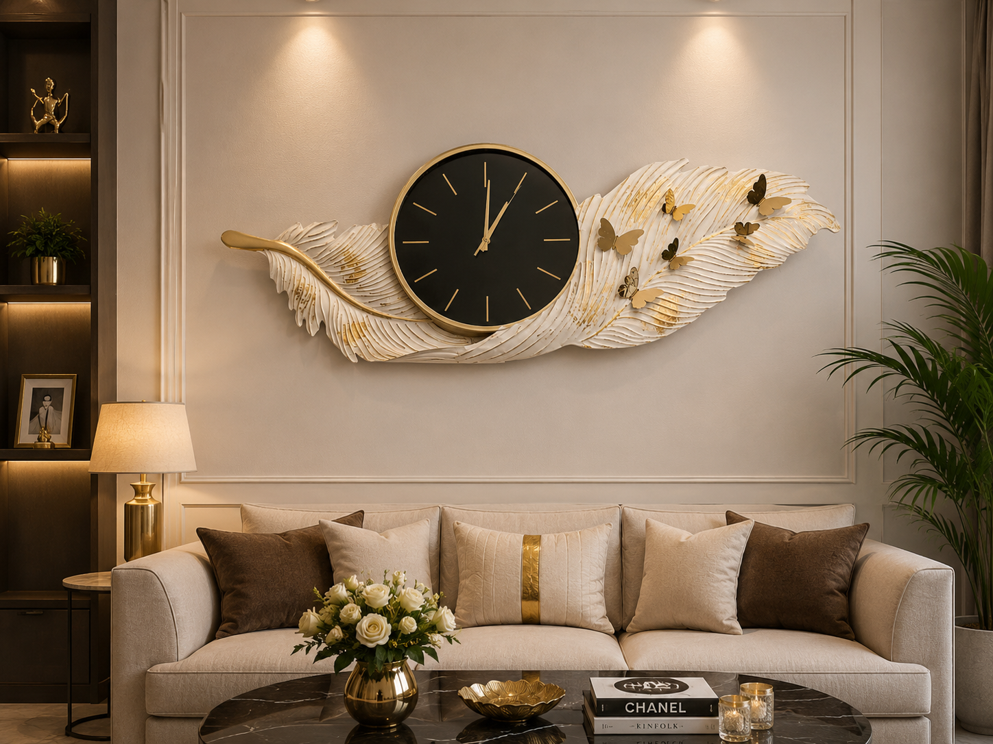 ساعة حائط ستانلس ستيل مودرن بتصميم ريشة مع فراشات – 115 × 55 سم