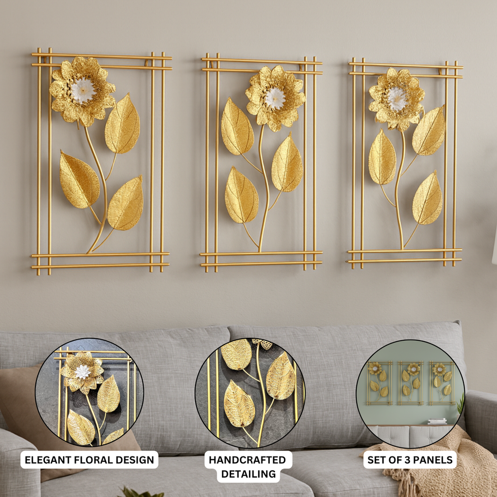 Golden Floral Wall Art – تابلوه حائط معدني بتصميم الزهور الذهبية