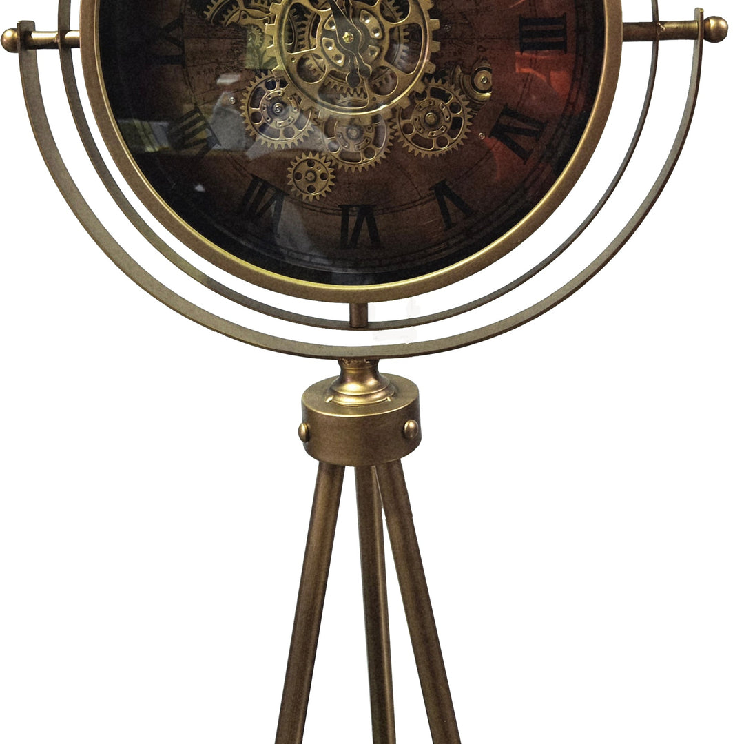 ساعة أرضية تروس بتصميم ترايبود ذهبي – Vintage Gear Floor Clock
