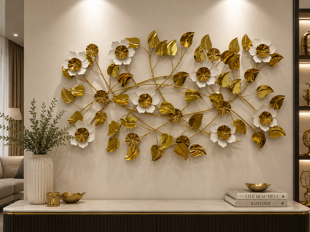 ديكور حائط معدني فاخر بتصميم الزهور والأوراق الذهبية – 120 × 70 سم