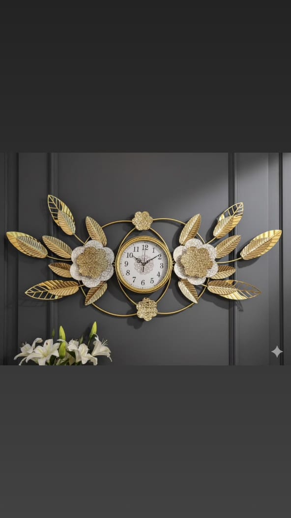 Luxury Wall Clock with Golden Leaves & 3D Metal Flowers – Size 118×53cm