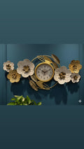 Luxury Wall Clock with 3D Metal Flowers & Golden Leaves – Size 110×55cm