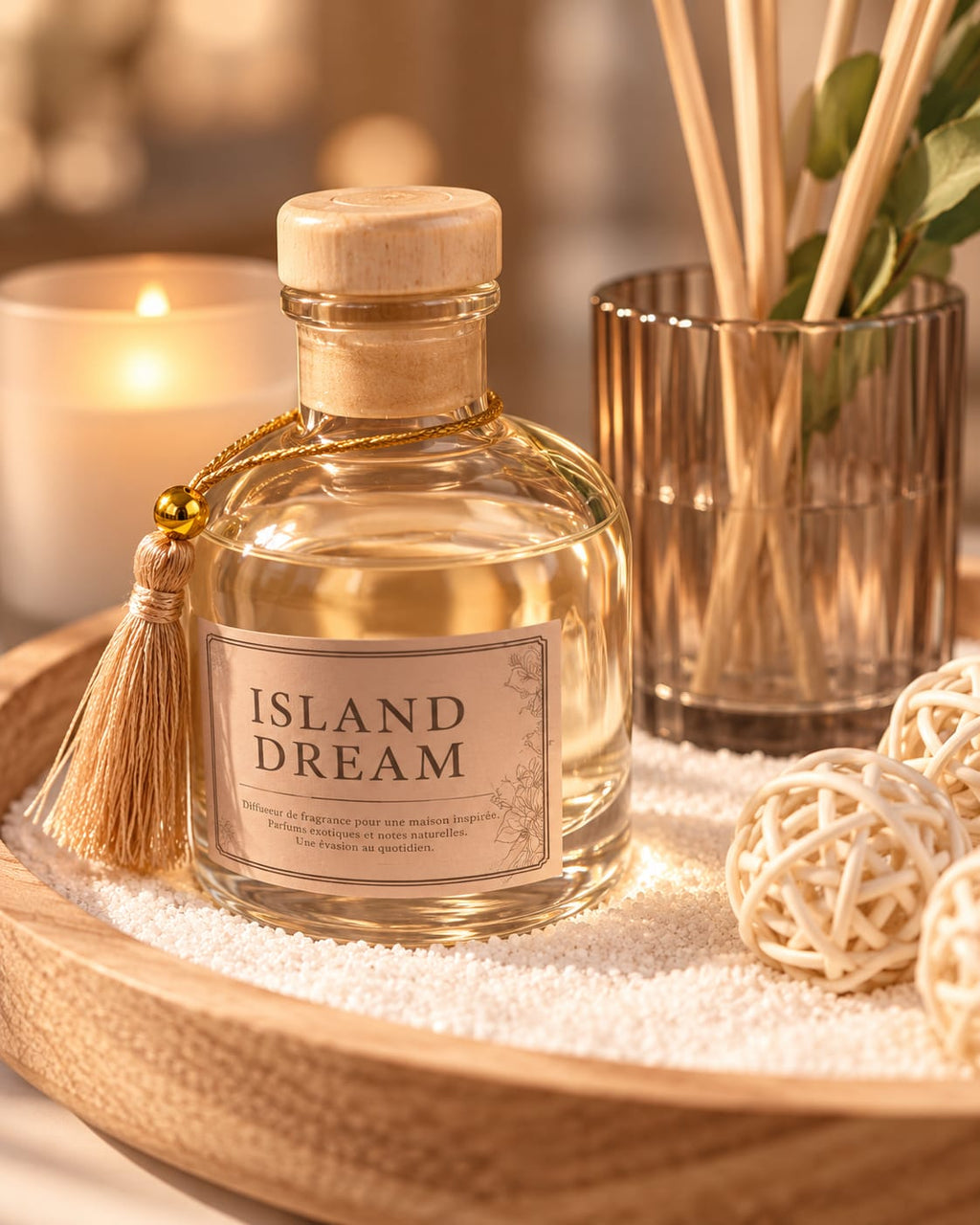 طقم معطر منزلي فاخر مع شمعة وصينية ديكورية – Natural Elegance