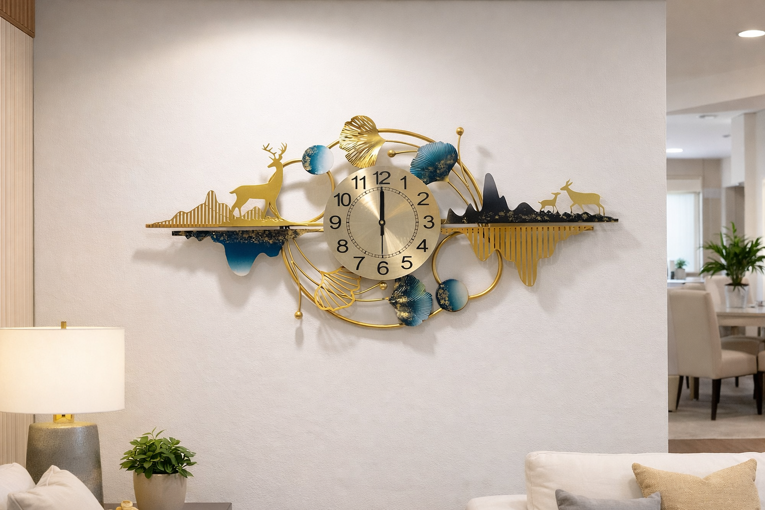 ساعة حائط ديكور فاخرة مقاس 100×50 سم – تصميم غزال ومناظر طبيعية باللون الذهبي