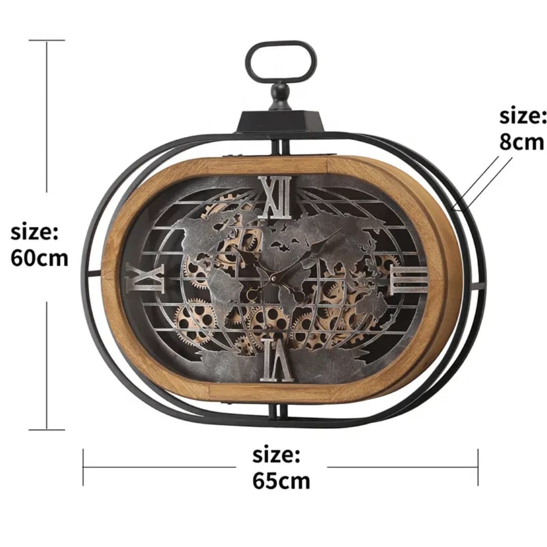Decoratco Wall Clock Metal & Wood Oval 65x60cm Black/Gold