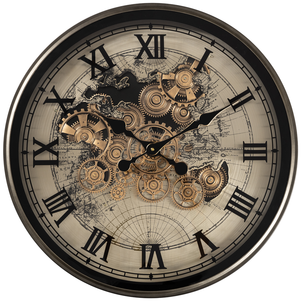 Steampunk World Map Wall Clock with Moving Gears – 60 cm Diameter