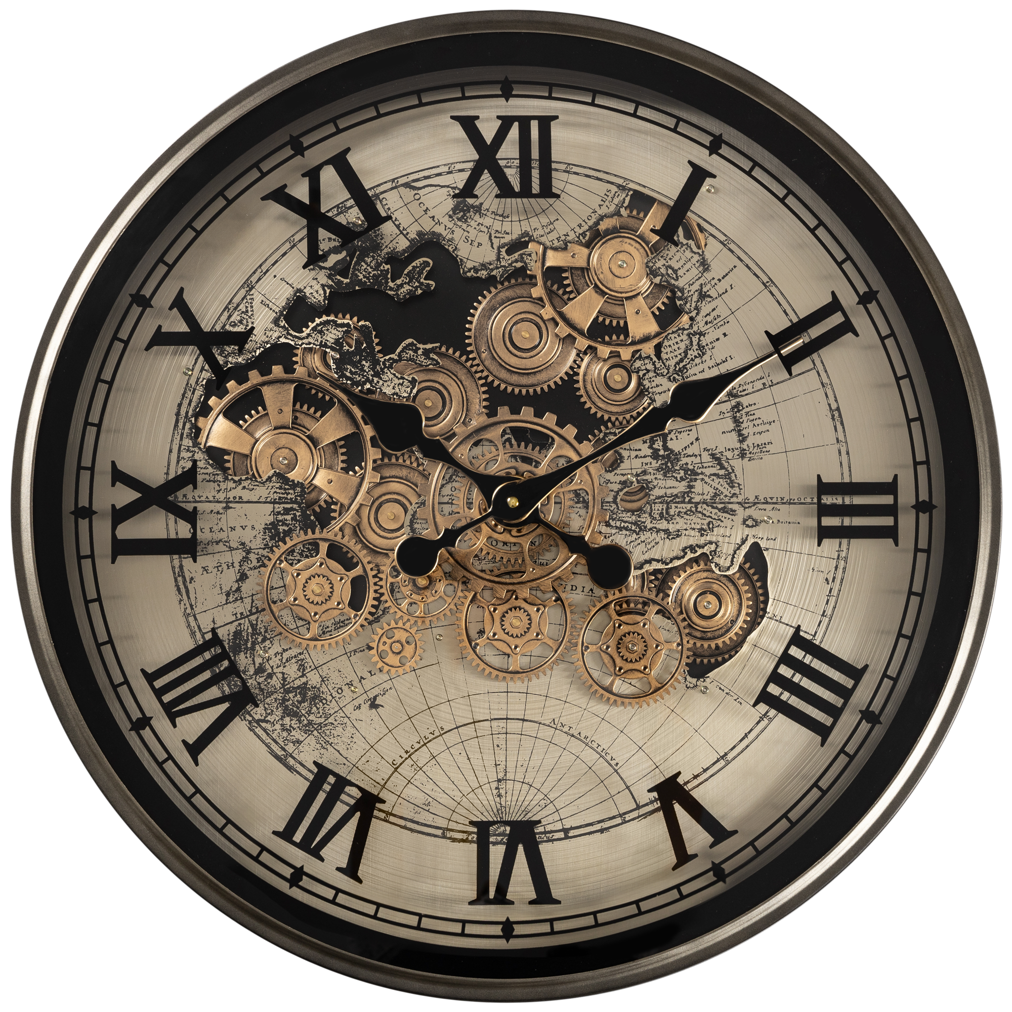Steampunk World Map Wall Clock with Moving Gears – 60 cm Diameter