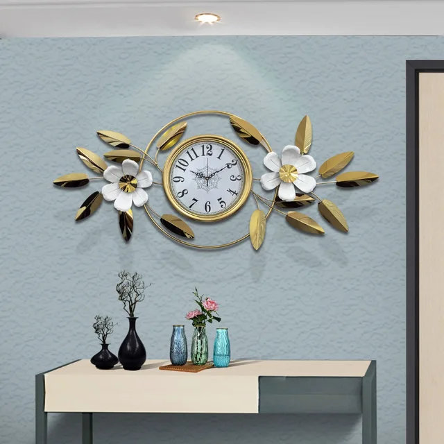 Luxury Wall Clock with Golden Leaves & 3D Flowers – Size 115×45cm