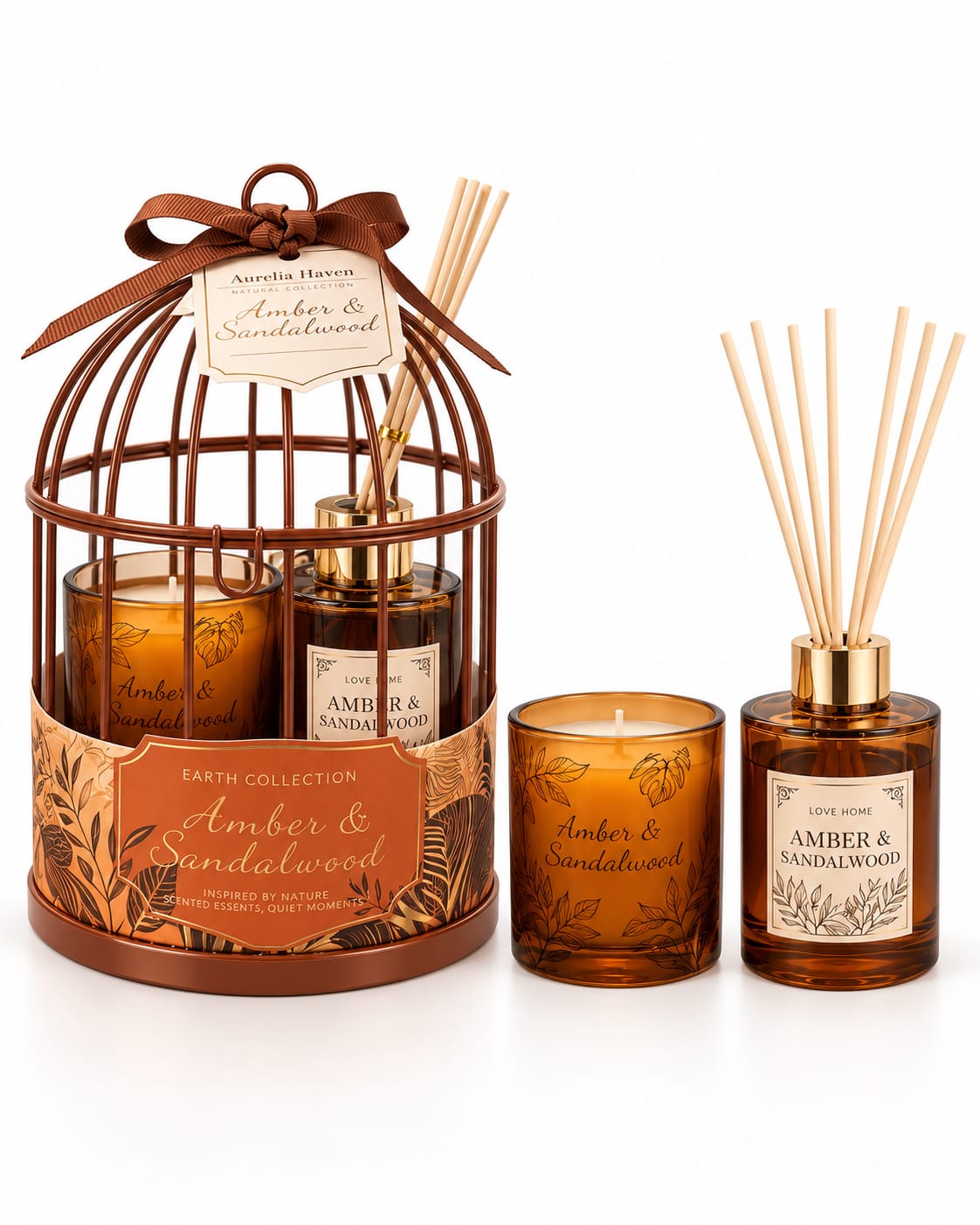 طقم هدايا شمعة ومعطر أعواد داخل قفص ديكوري – بني كهرماني