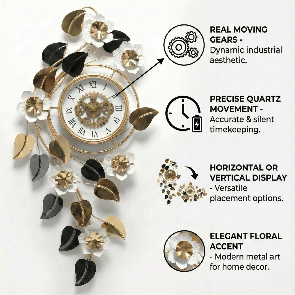 Floral Luxury Wall Clock – ساعة حائط مودرن بتصميم أوراق وزهور