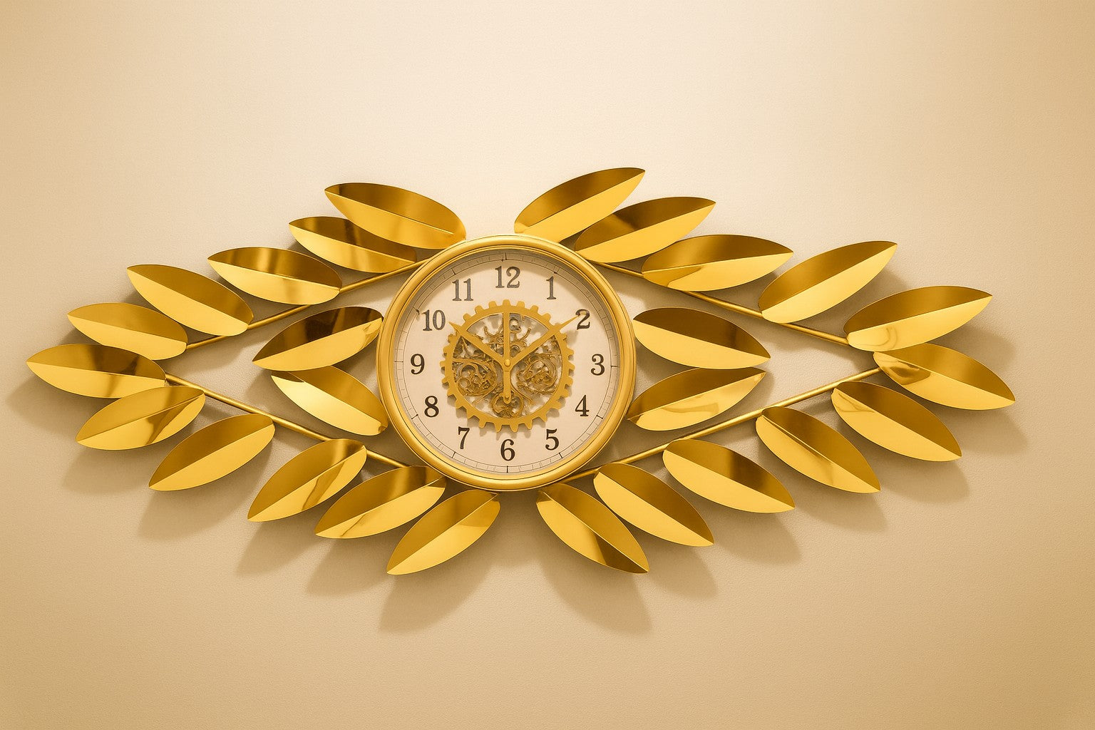 ساعة حائط ديكور فاخرة ذهبي مقاس 110×55 سم – تصميم أوراق أنيق بتروس داخلية